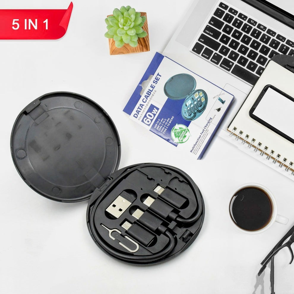 5 in 1 Universal Fast Charging Kit | 60W Multifunction Cable Set with Mobile Stand & SIM Storage